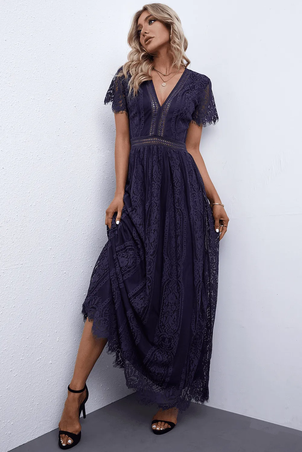 Hazel Blues® |  Scalloped Trim Lace Plunge Dress