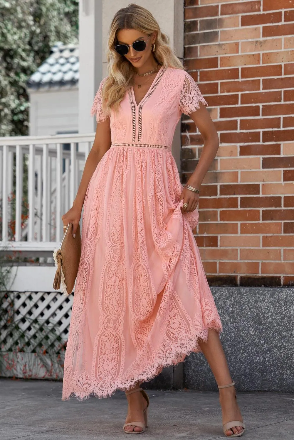 Hazel Blues® |  Scalloped Trim Lace Plunge Dress