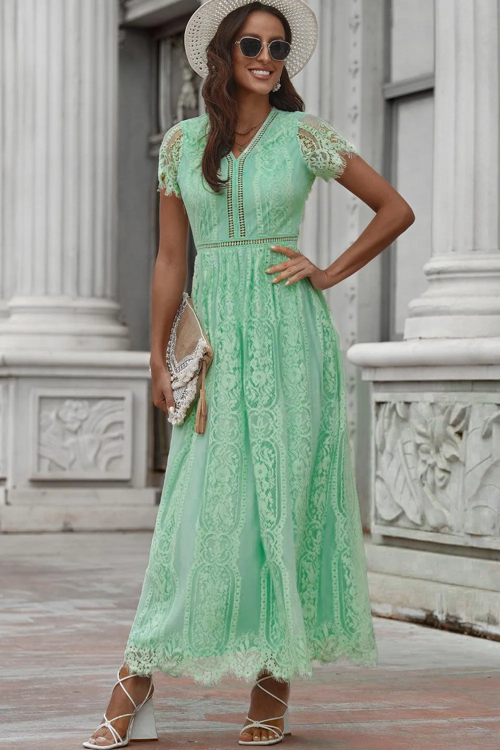 Hazel Blues® |  Scalloped Trim Lace Plunge Dress
