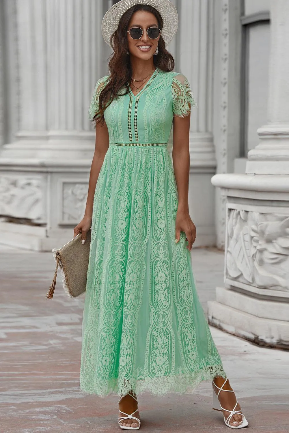 Hazel Blues® |  Scalloped Trim Lace Plunge Dress
