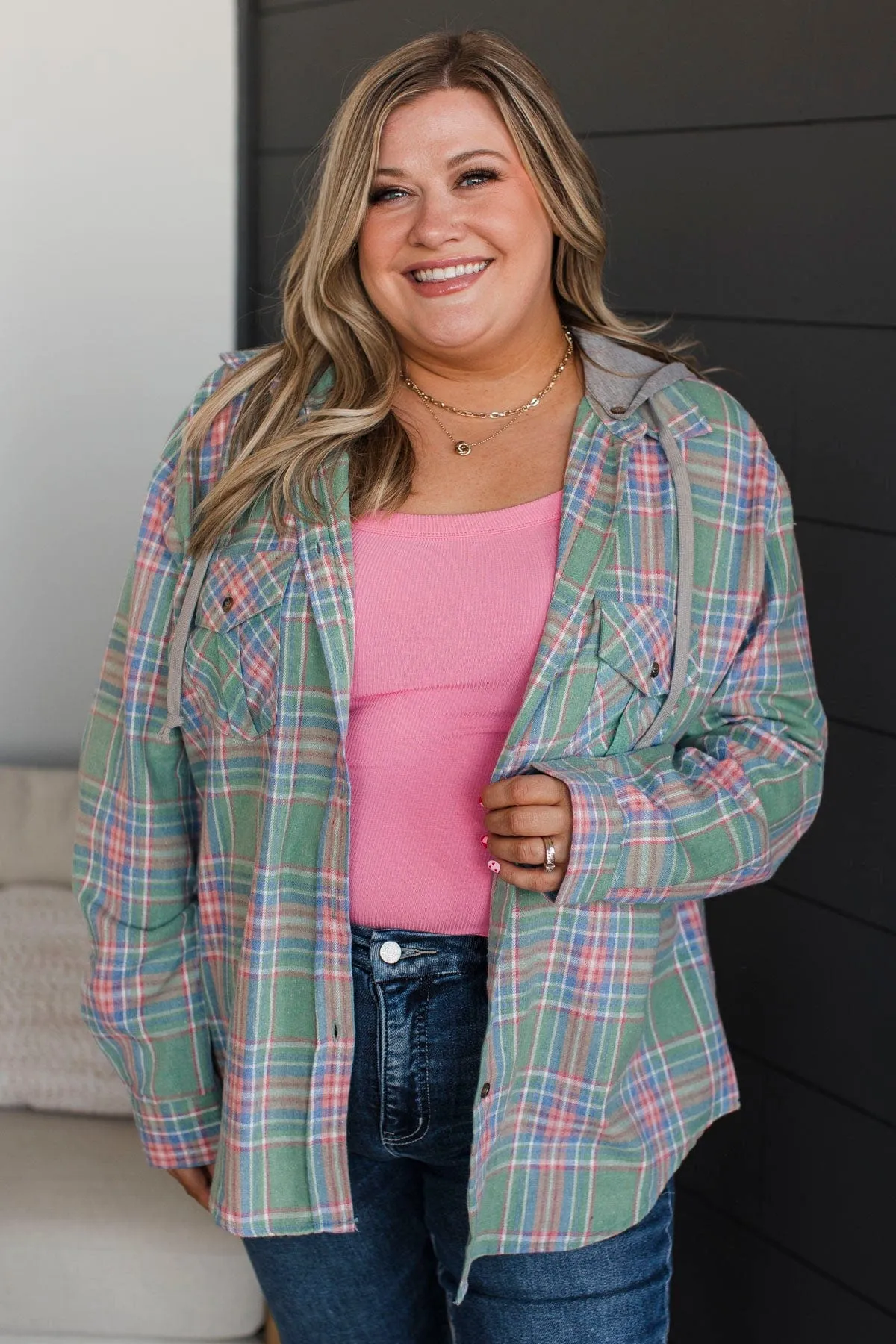Heartfelt Serenades Hooded Plaid Top- Mint