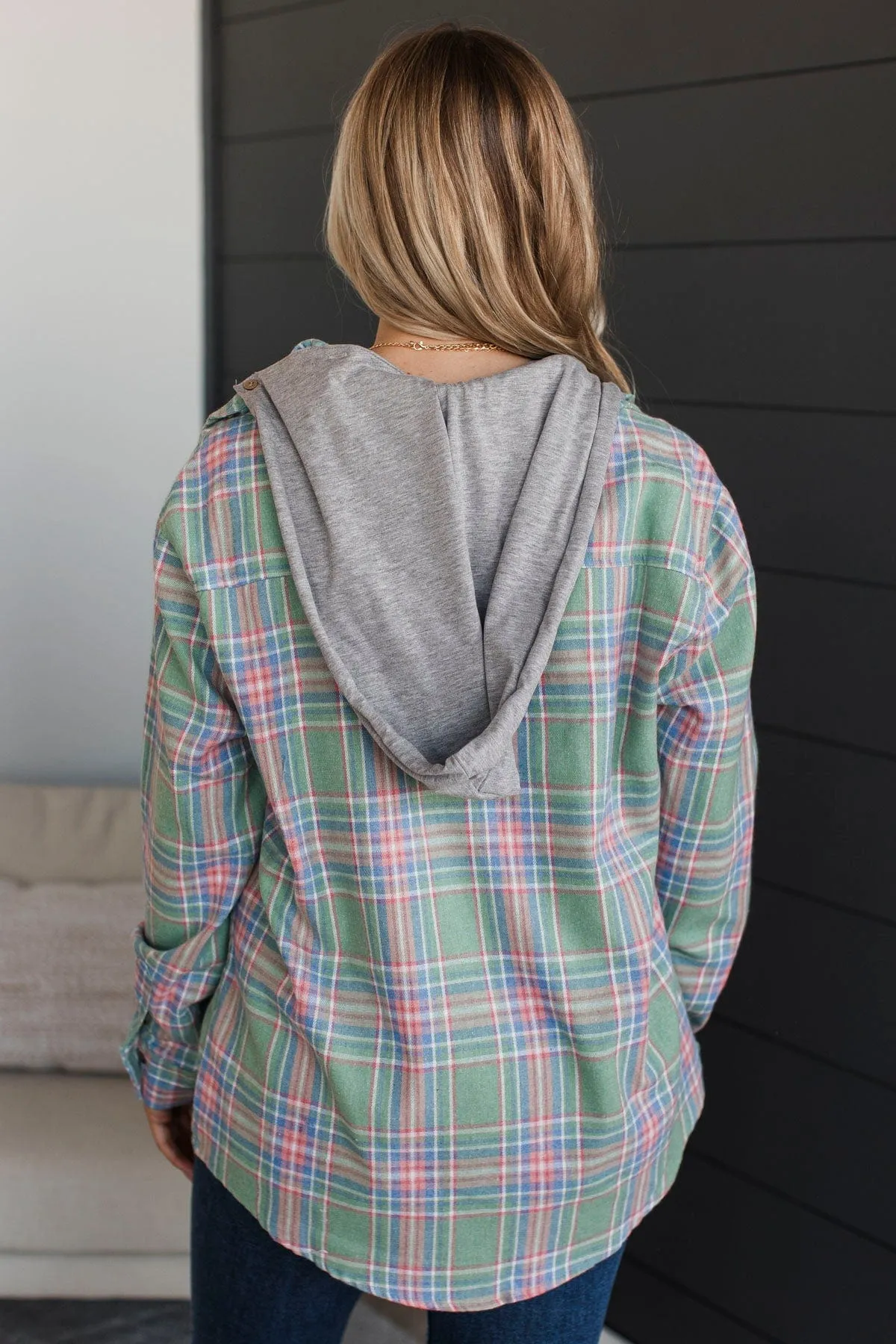 Heartfelt Serenades Hooded Plaid Top- Mint