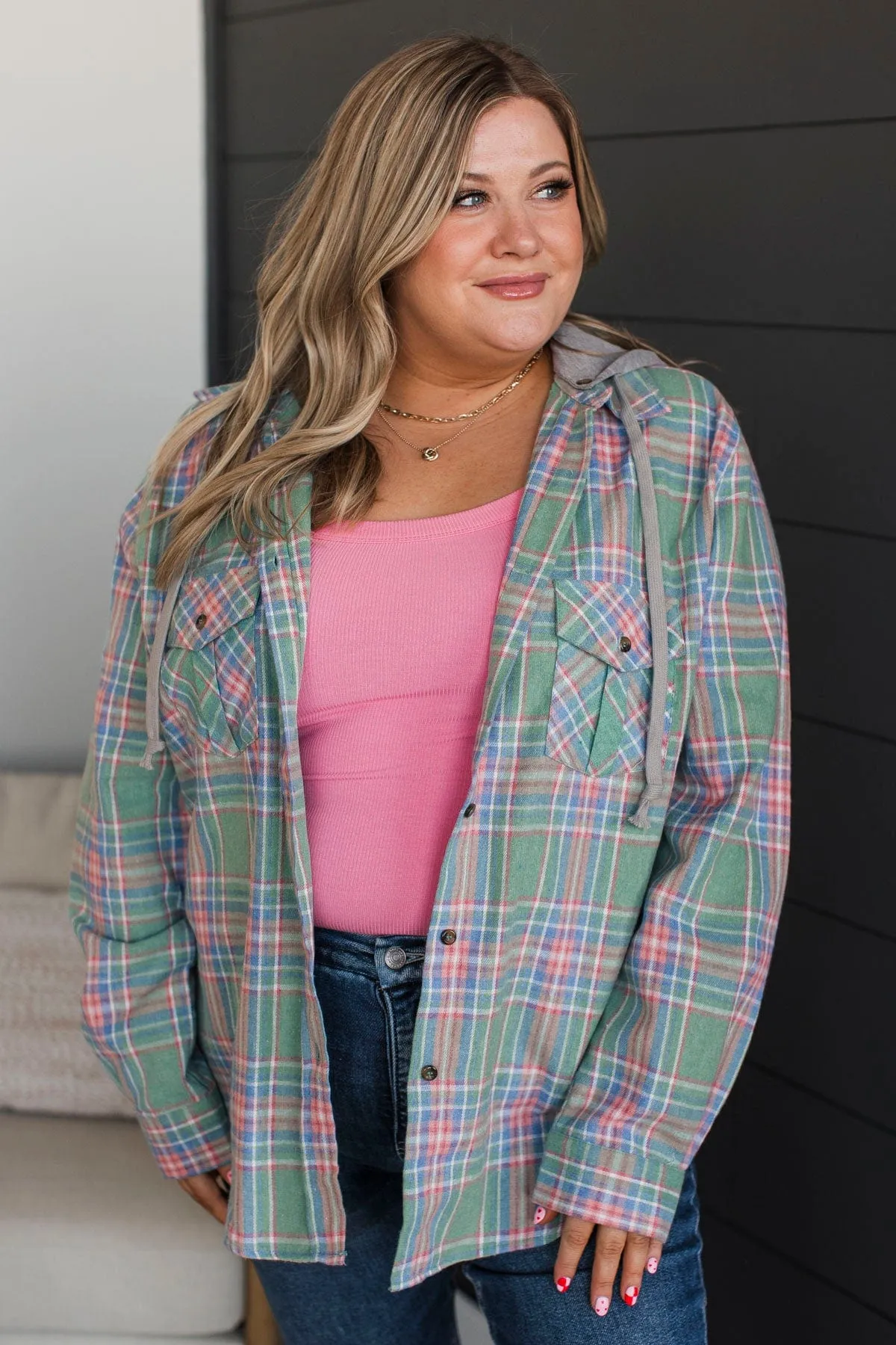Heartfelt Serenades Hooded Plaid Top- Mint