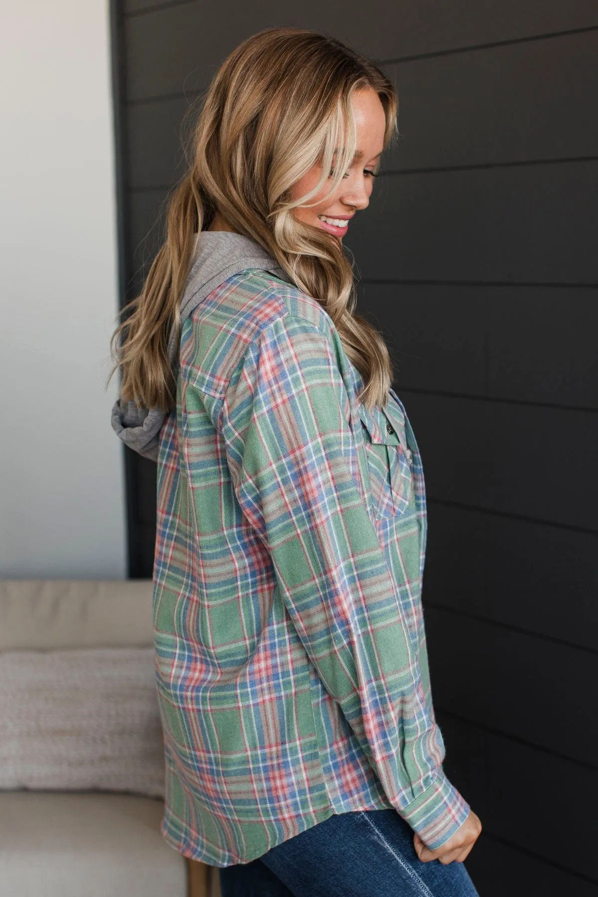 Heartfelt Serenades Hooded Plaid Top- Mint