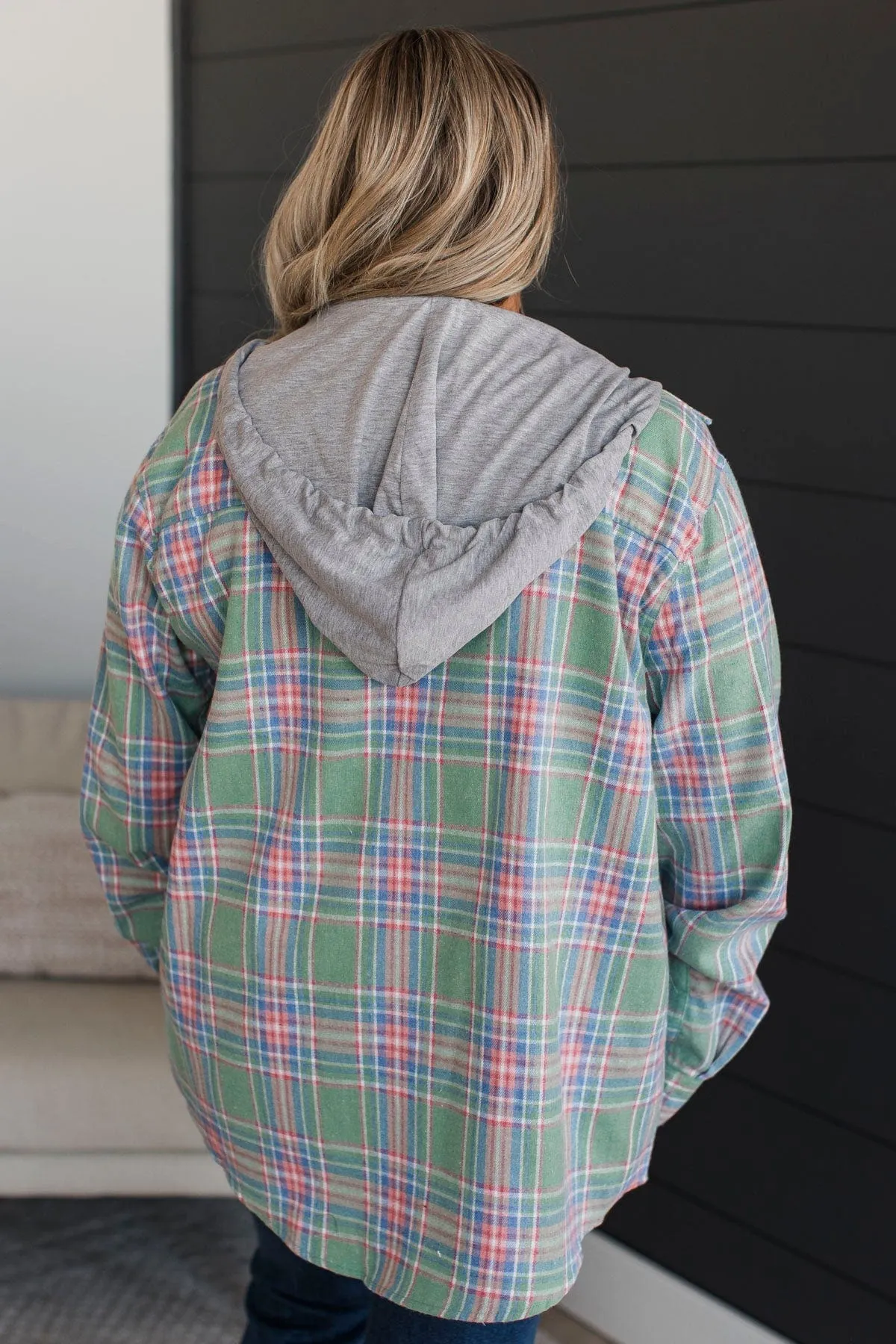 Heartfelt Serenades Hooded Plaid Top- Mint