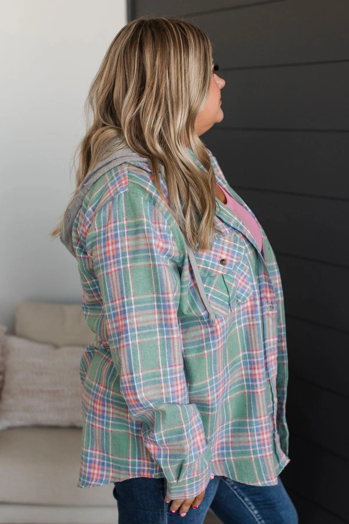 Heartfelt Serenades Hooded Plaid Top- Mint