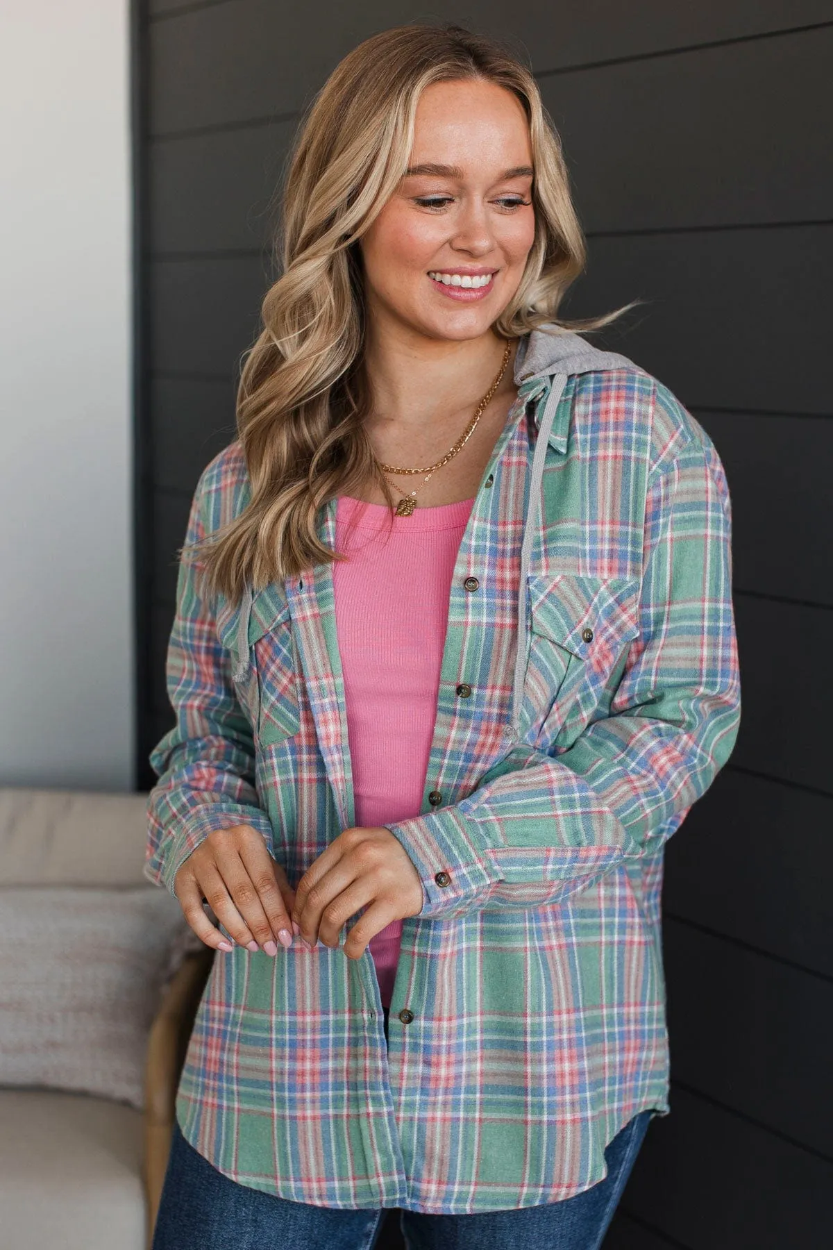 Heartfelt Serenades Hooded Plaid Top- Mint