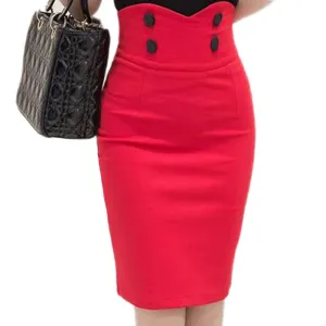 High Elastic Women Skirts Slim Solid Color Black Red Double Button high waist Pencil Skirts for women Size 5XL