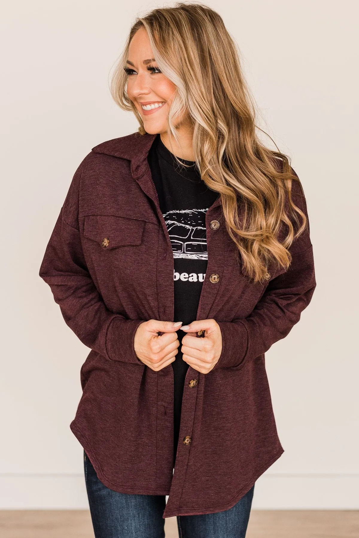 Hooked On Your Love Button Top- Plum