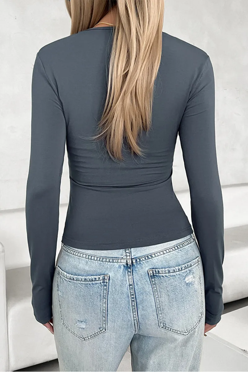 HTQ1376 V-neck invisible zipper long sleeve top
