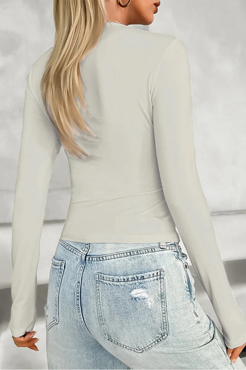 HTQ1376 V-neck invisible zipper long sleeve top