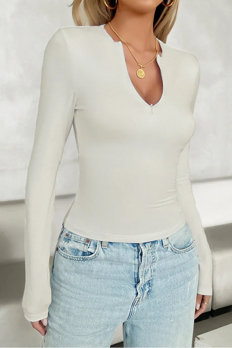 HTQ1376 V-neck invisible zipper long sleeve top