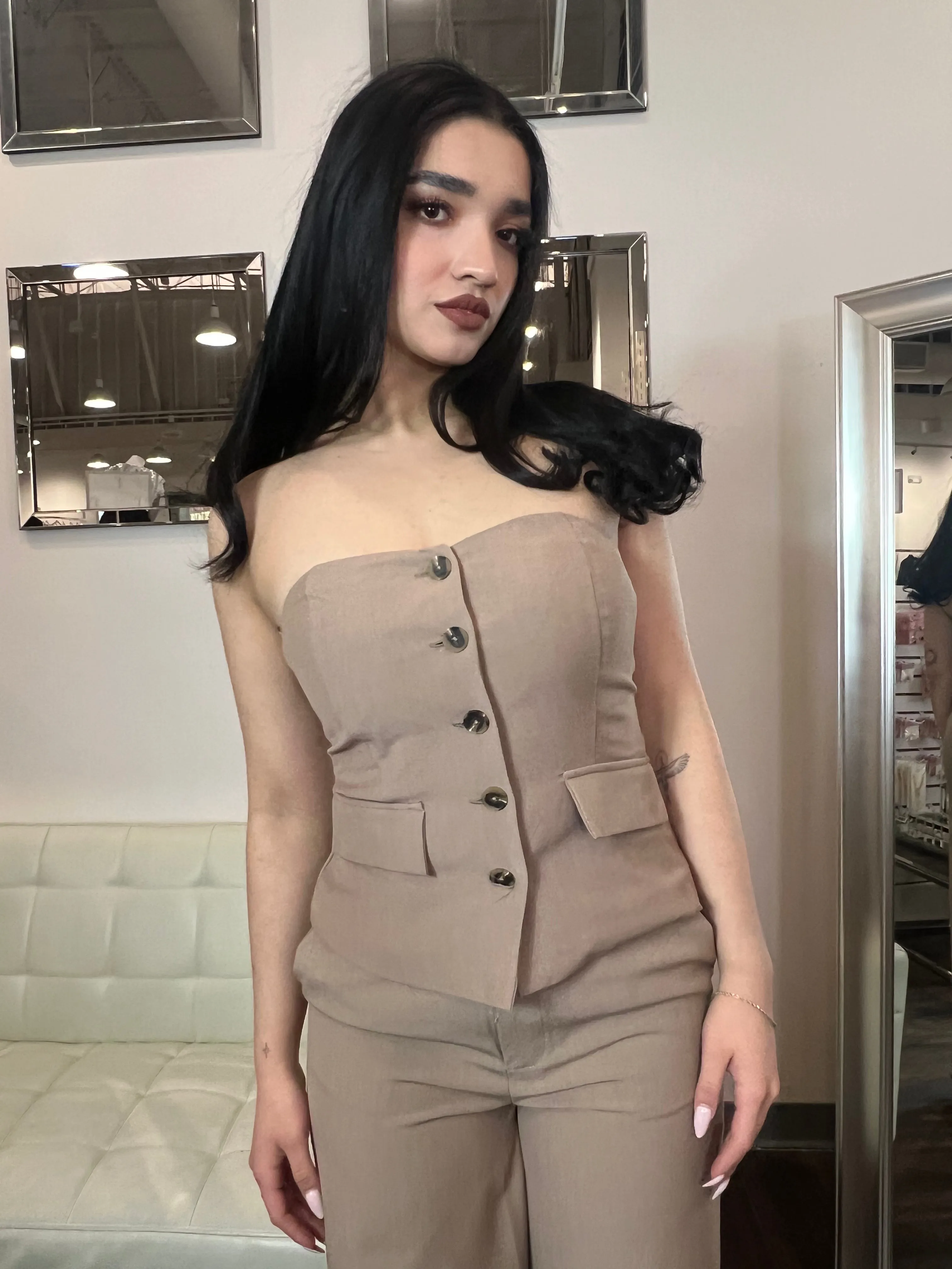 Isla Button Down Tube Top- Taupe