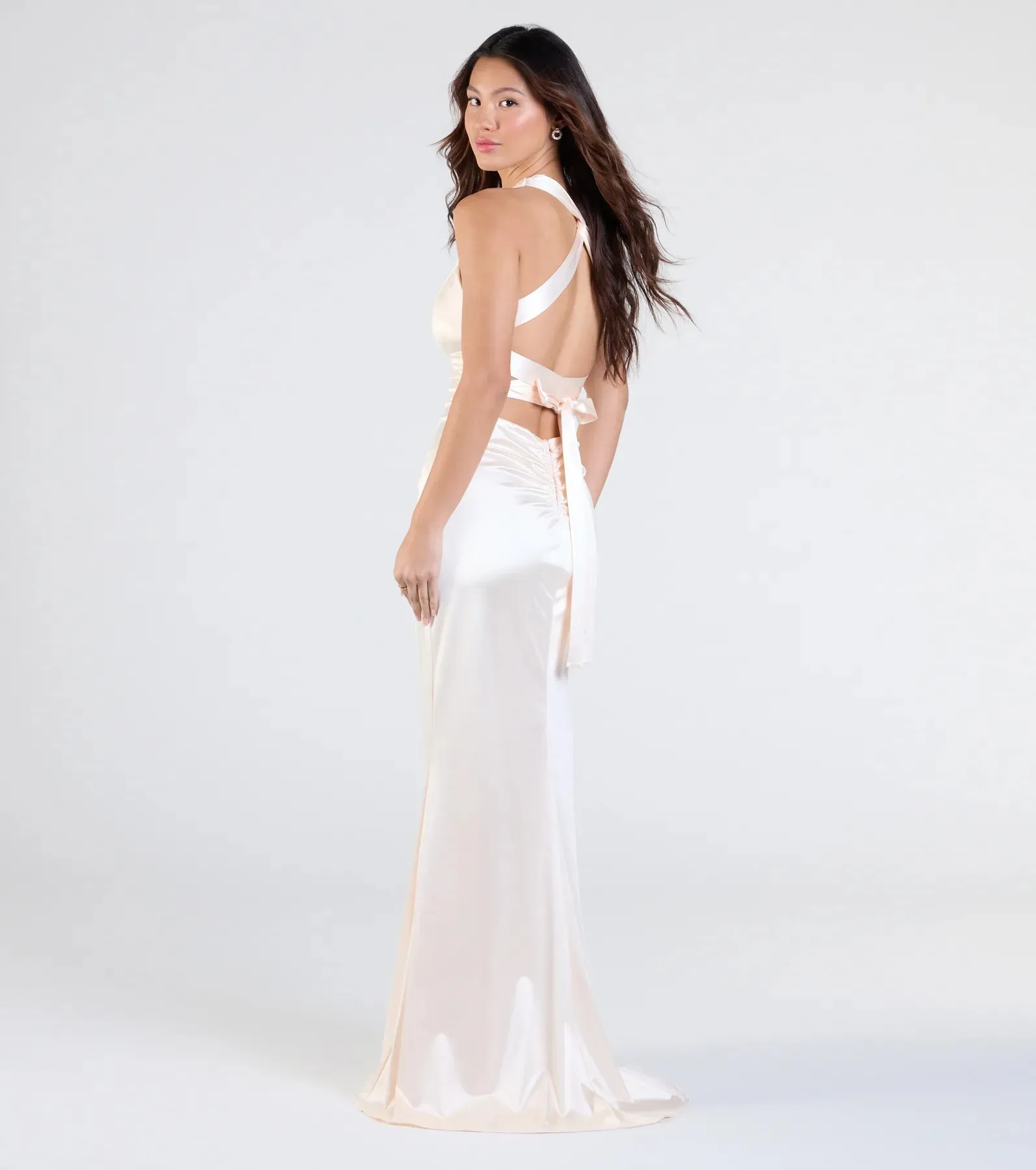 Jamie Lace-Up Satin Formal Column Dress
