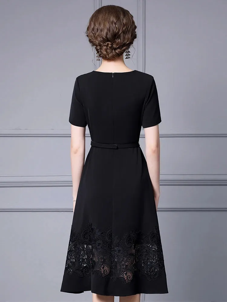 Jayda O-Neck Short sleeves Sashes Hollow Out Embroidery High Street Dress