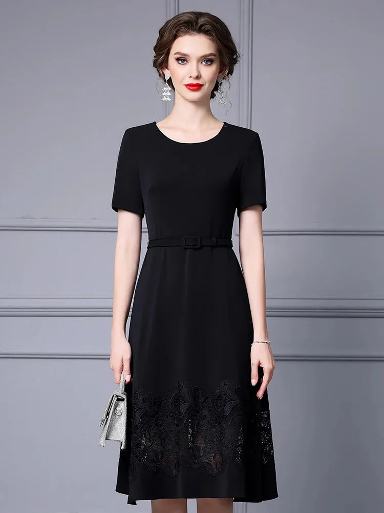 Jayda O-Neck Short sleeves Sashes Hollow Out Embroidery High Street Dress