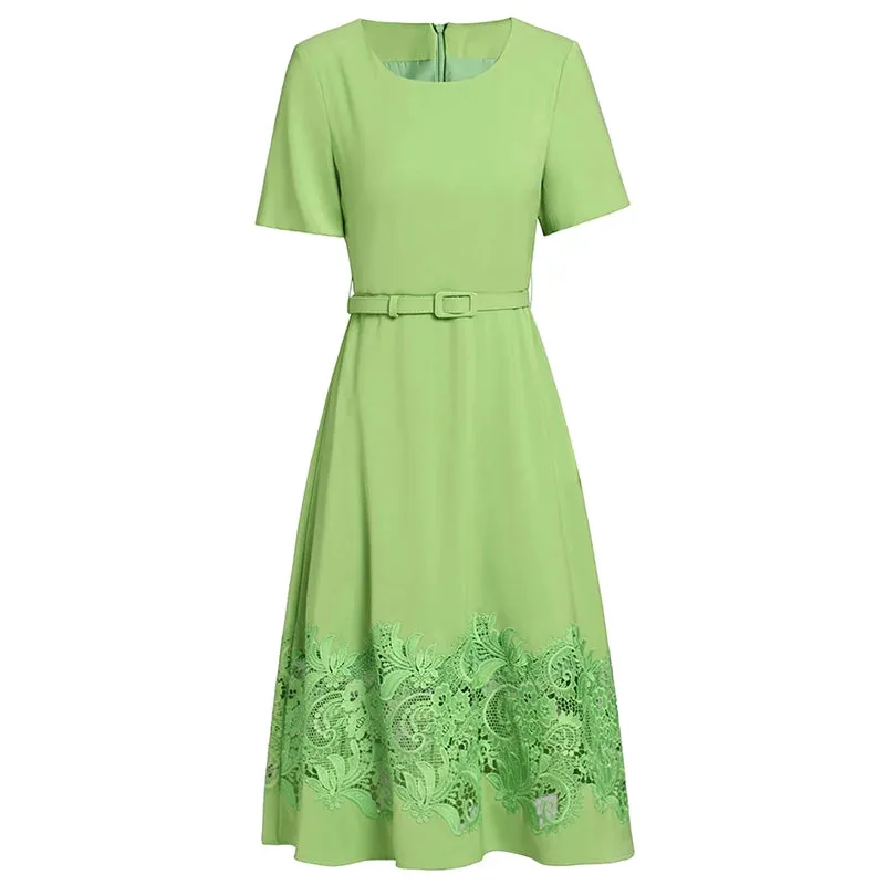 Jayda O-Neck Short sleeves Sashes Hollow Out Embroidery High Street Dress