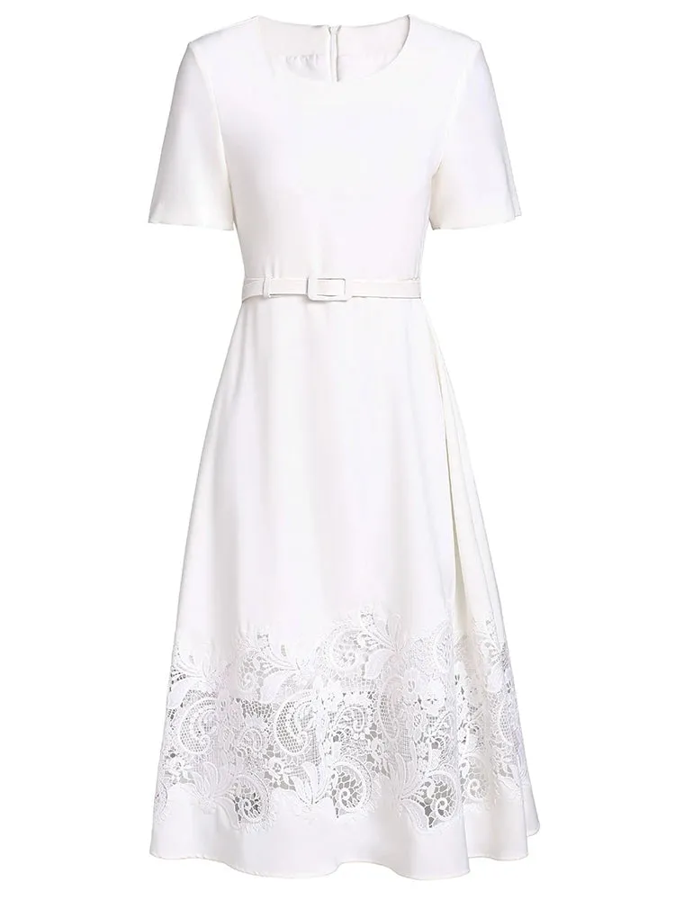 Jayda O-Neck Short sleeves Sashes Hollow Out Embroidery High Street Dress