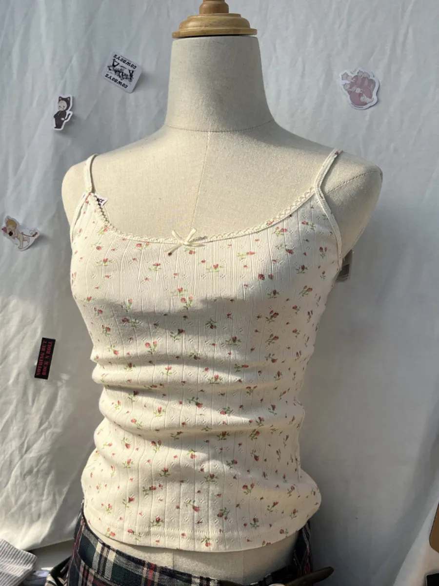 JazzHer Hollow Out Floral Print Slim Tank Top 2025 Sweet Cute Strapless Sleeveless Sexy Vest Summer Vintage Chic Crop Tops Woman Clothes