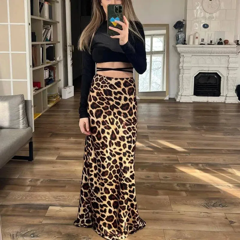 JazzHer Ladies Leopard Print Women's Midi Skirt High Waist Stylish Long Skirts For Women Fall Vintage Satin Skirt Woman Elegant Skirts