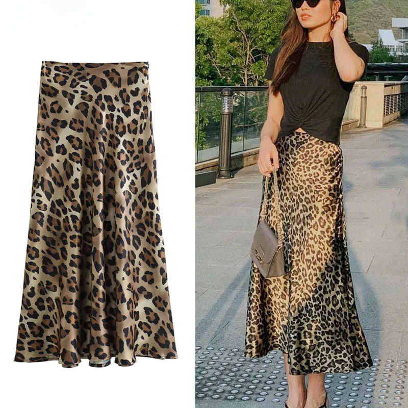 JazzHer Ladies Leopard Print Women's Midi Skirt High Waist Stylish Long Skirts For Women Fall Vintage Satin Skirt Woman Elegant Skirts