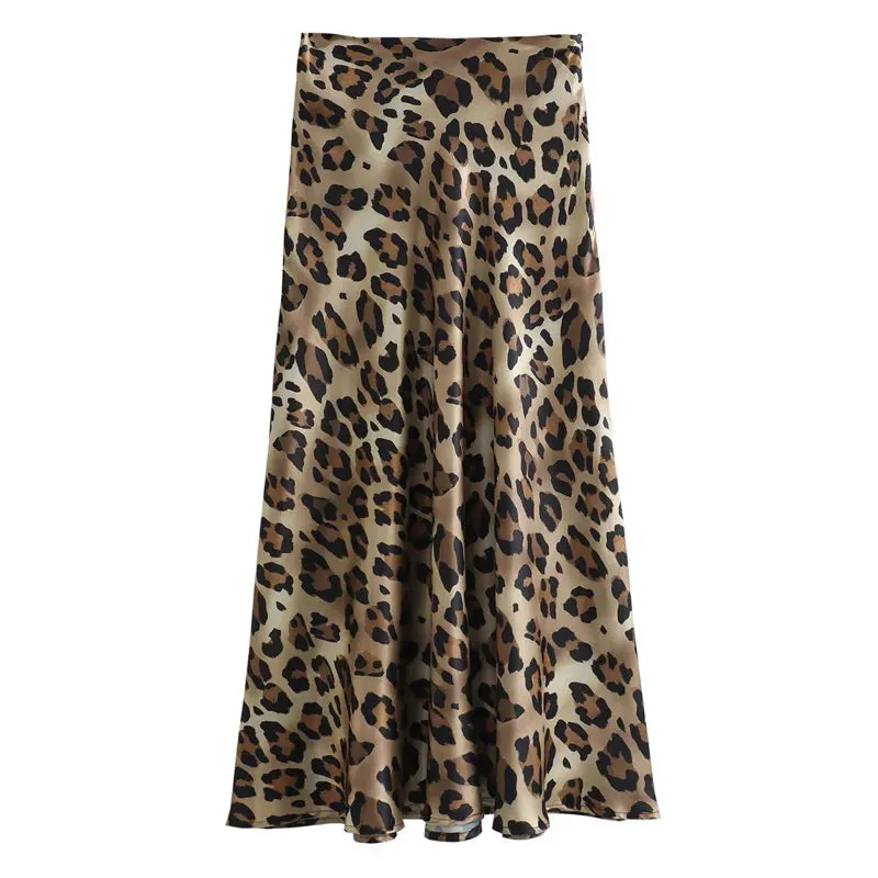 JazzHer Ladies Leopard Print Women's Midi Skirt High Waist Stylish Long Skirts For Women Fall Vintage Satin Skirt Woman Elegant Skirts