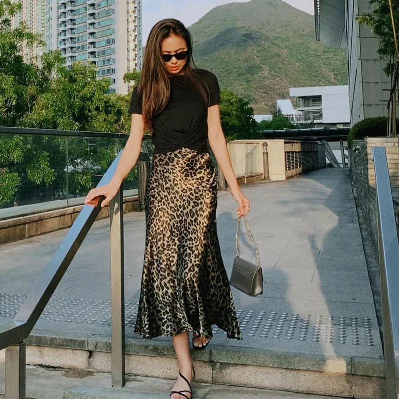 JazzHer Ladies Leopard Print Women's Midi Skirt High Waist Stylish Long Skirts For Women Fall Vintage Satin Skirt Woman Elegant Skirts