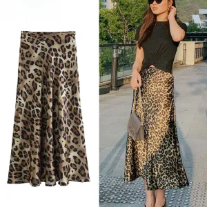 JazzHer Ladies Leopard Print Women's Midi Skirt High Waist Stylish Long Skirts For Women Fall Vintage Satin Skirt Woman Elegant Skirts