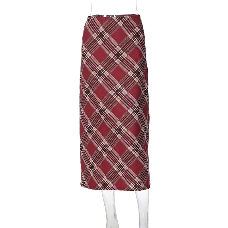JazzHer-Lygens Plaid Print Zipper Side Tube Y2K High Waist Long Women'S Skirts 2024 New Wholesale Vacation Eleagnt Korean Midi Clothing