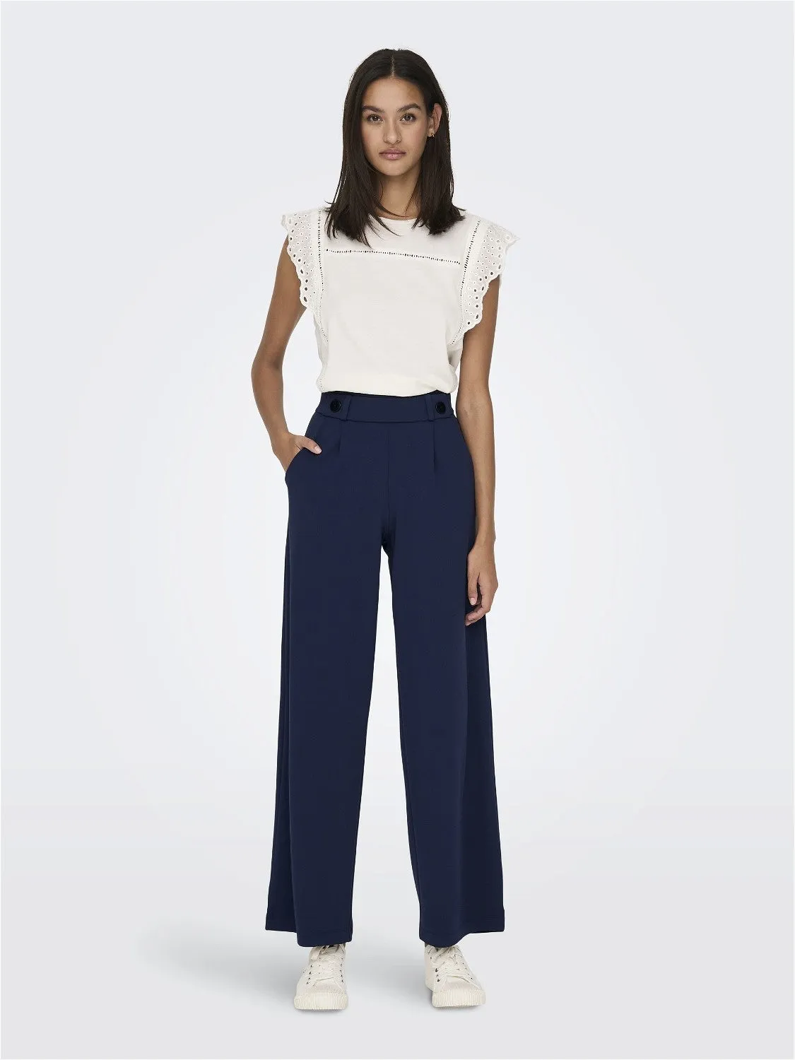 JDY Geggo Wide Leg Elasticated Waist Trousers 32" leg-Dark Blue