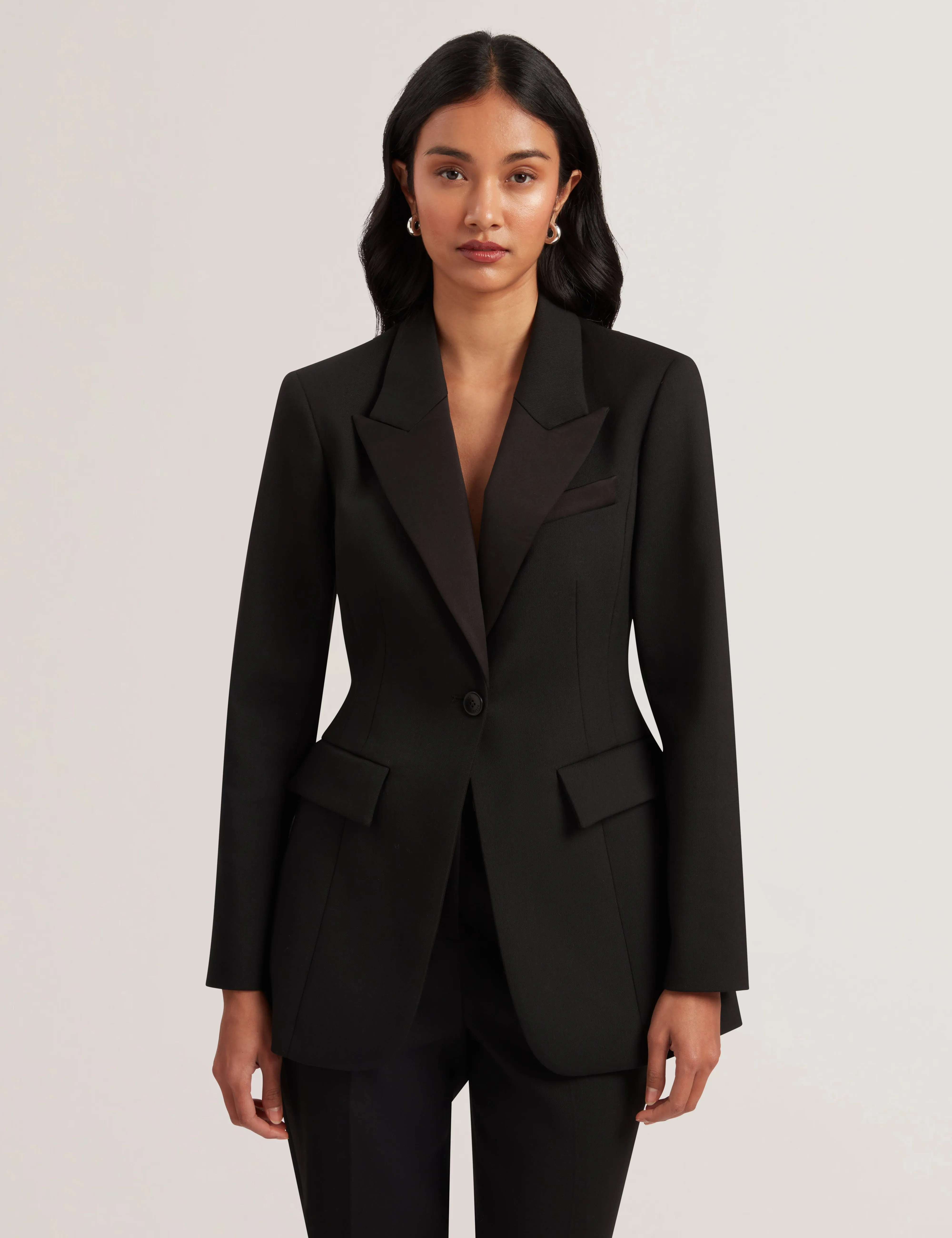 Jingu Contrast Satin Hourglass Tailored Blazer Black