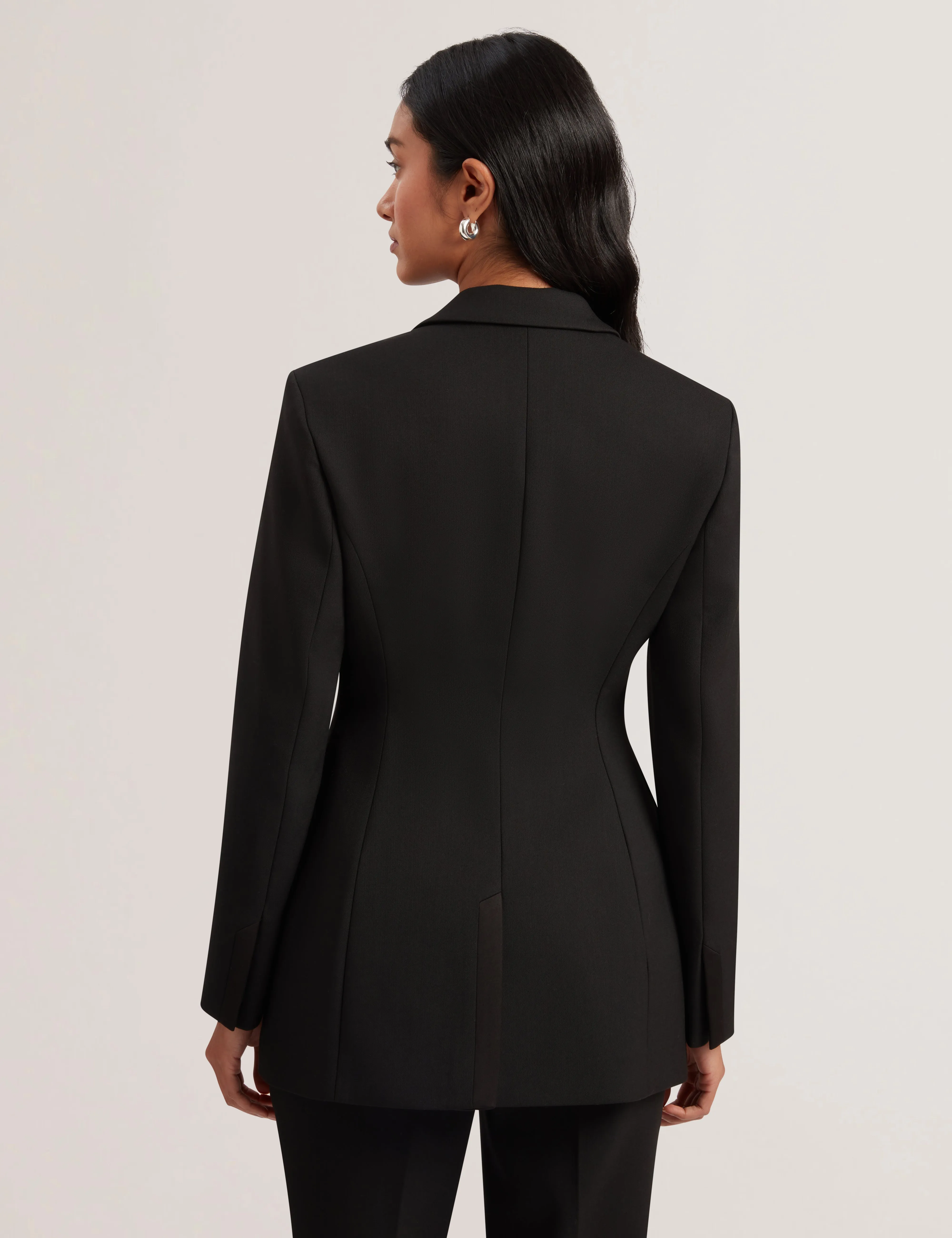 Jingu Contrast Satin Hourglass Tailored Blazer Black