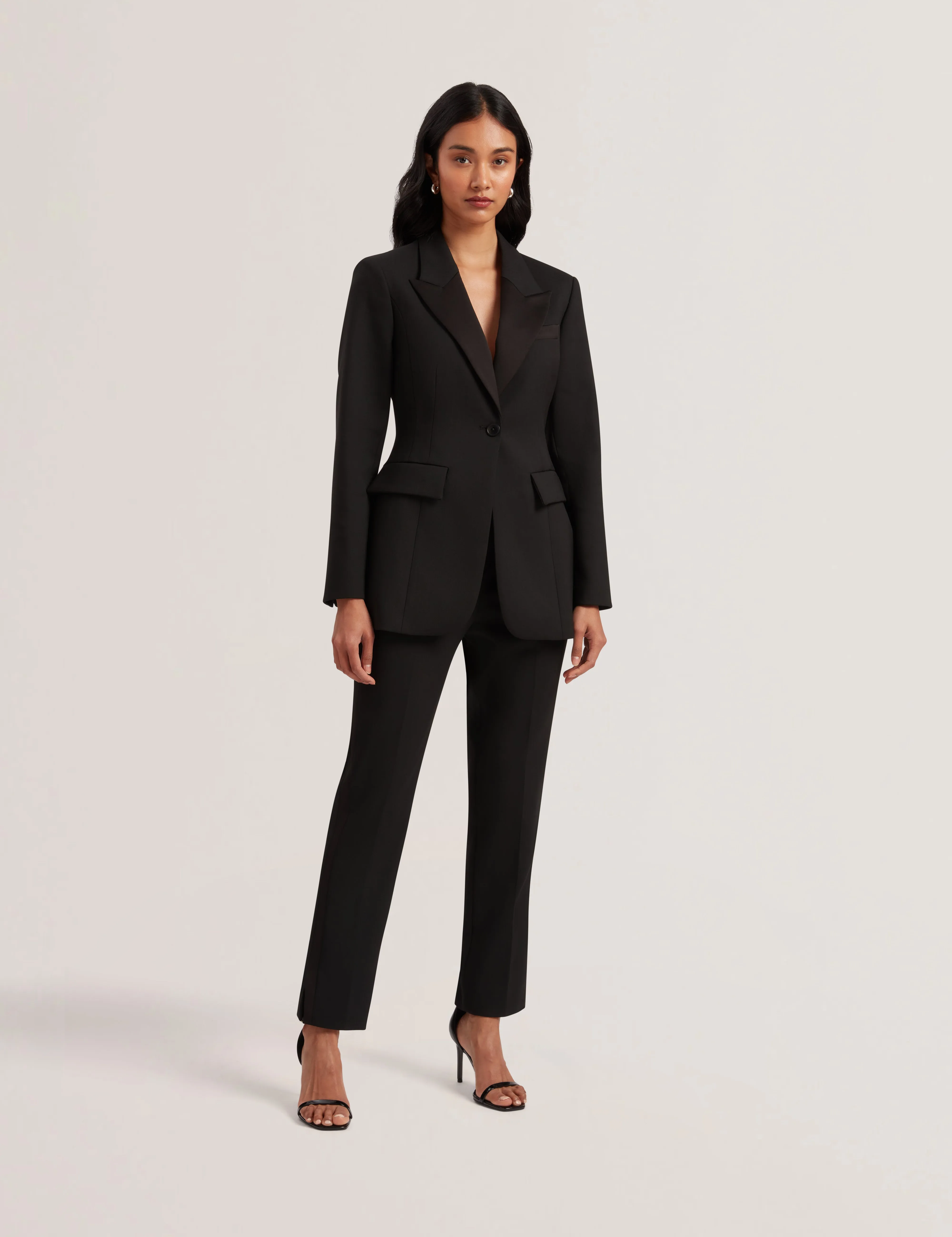 Jingu Contrast Satin Hourglass Tailored Blazer Black