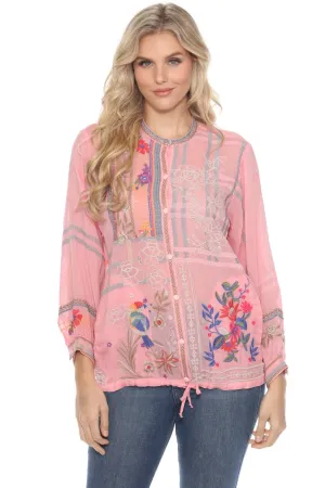 Johnny Was Pink Floral Embroidered Button-Down Shirt C77723