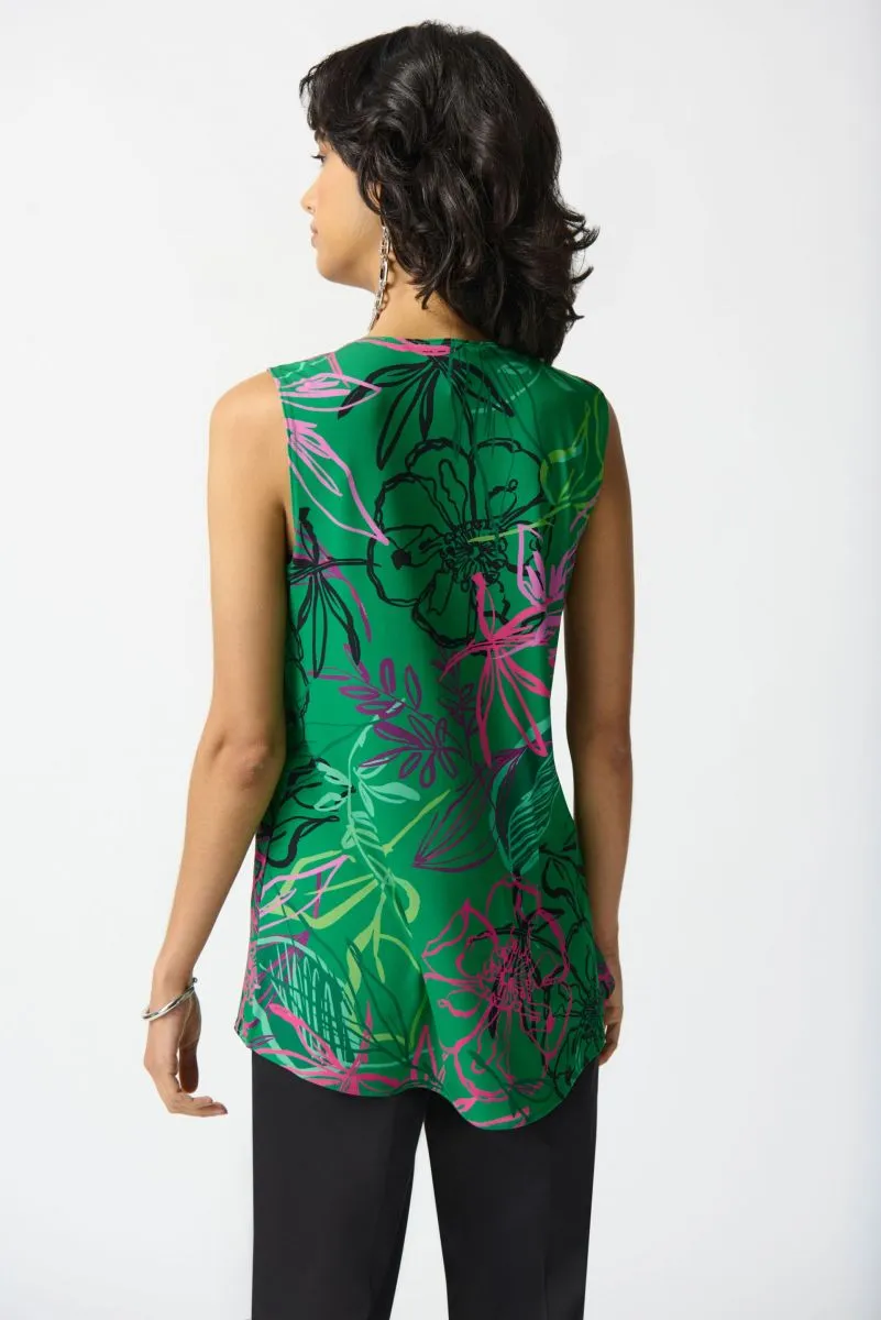 Joseph Ribkoff Green/Multi Floral Print Zip Front Sleeveless Tunic Top 242235