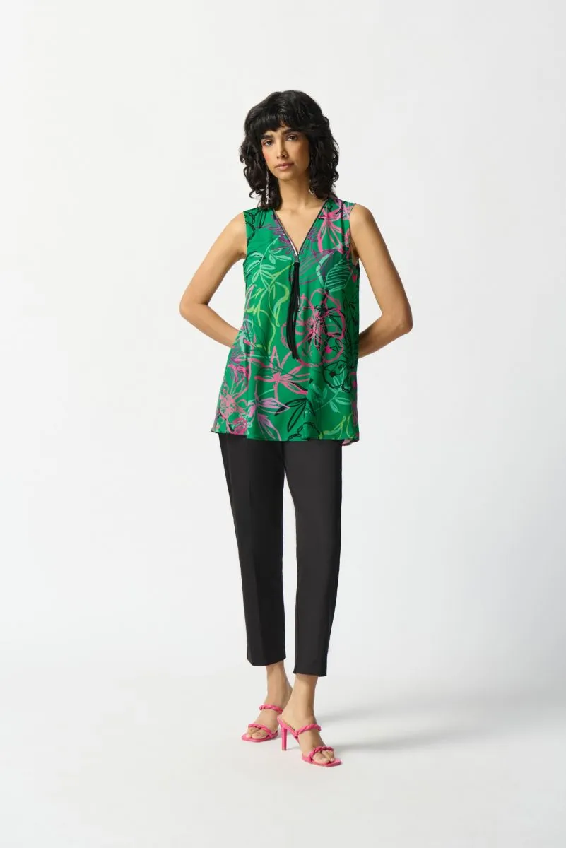 Joseph Ribkoff Green/Multi Floral Print Zip Front Sleeveless Tunic Top 242235