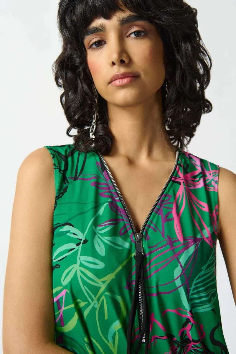 Joseph Ribkoff Green/Multi Floral Print Zip Front Sleeveless Tunic Top 242235