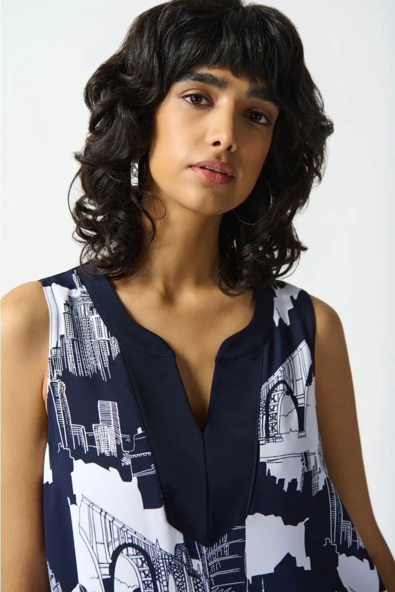 Joseph Ribkoff Vanilla/Midnight Blue Cityscape Sleeveless Top 242233
