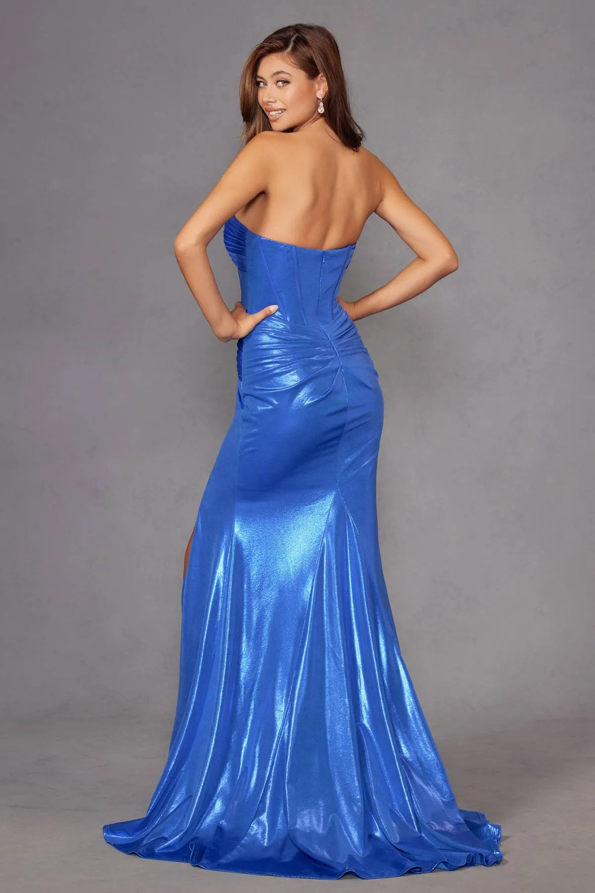 Juliet JT2578H Long Sweetheart Strapless Fitted Metallic Prom Gown