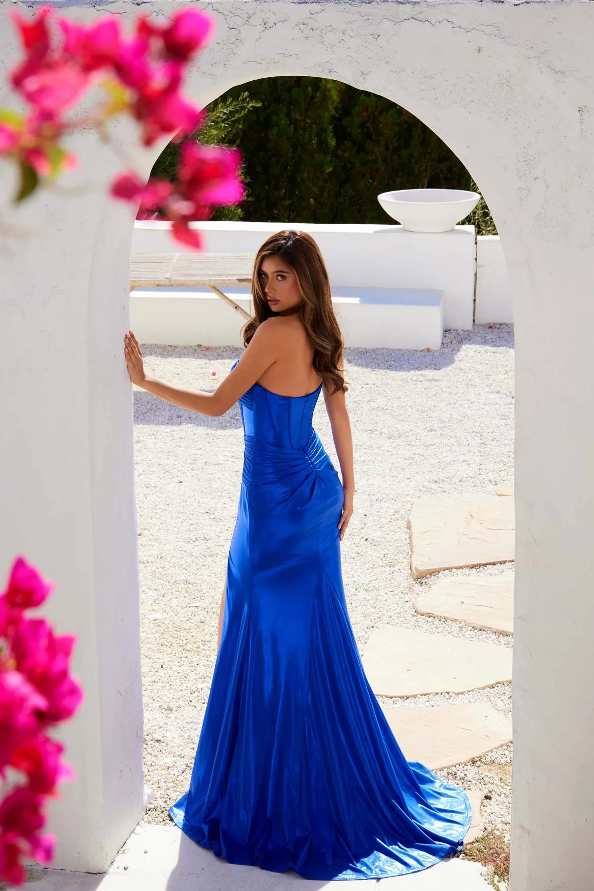 Juliet JT2578H Long Sweetheart Strapless Fitted Metallic Prom Gown