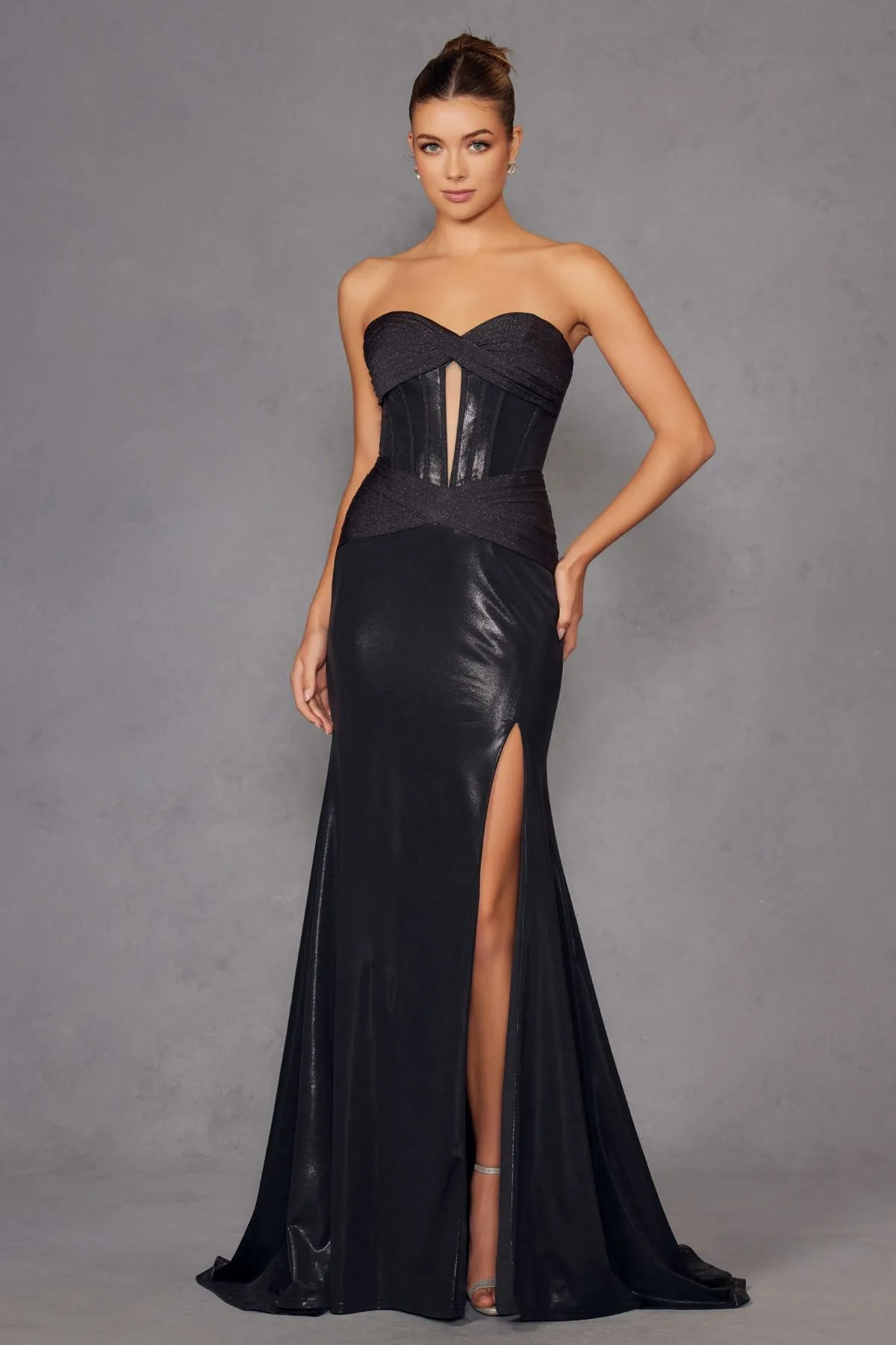 Juliet JT2578H Long Sweetheart Strapless Fitted Metallic Prom Gown
