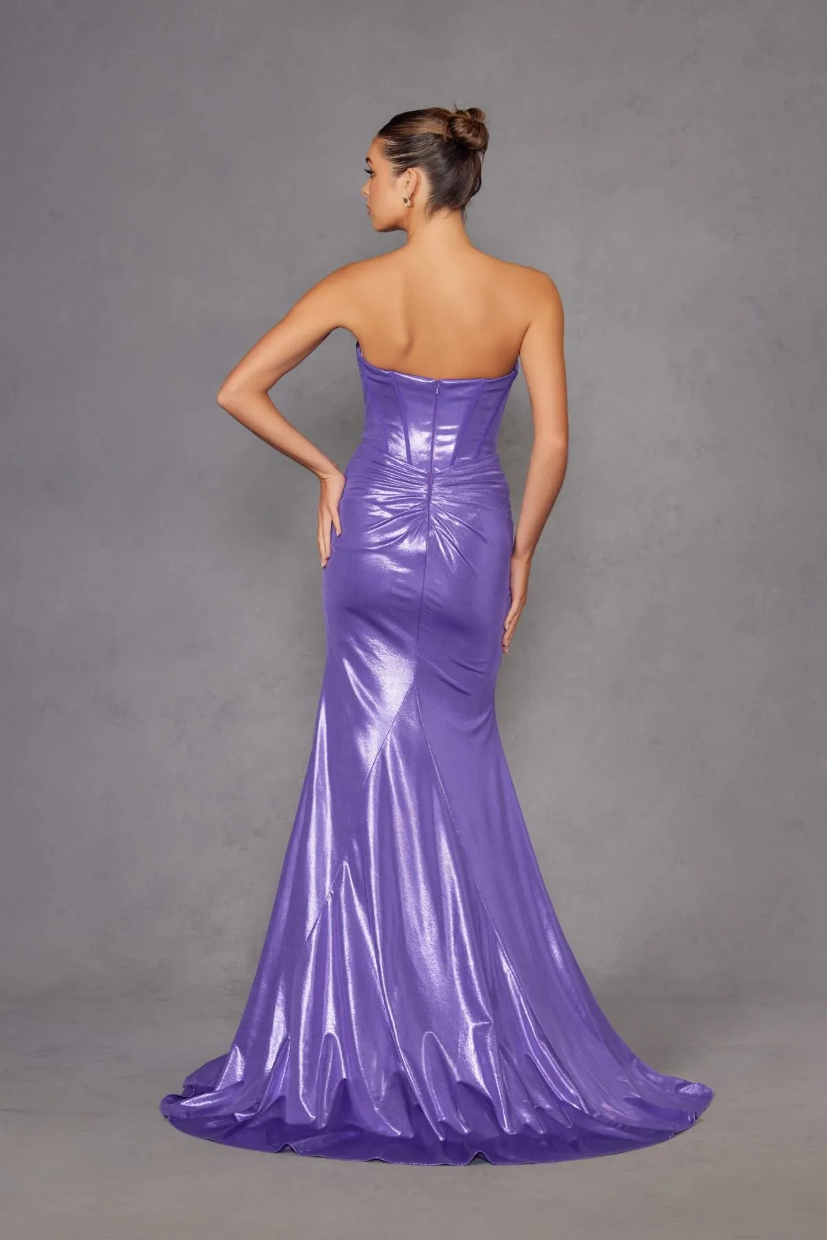 Juliet JT2578H Long Sweetheart Strapless Fitted Metallic Prom Gown