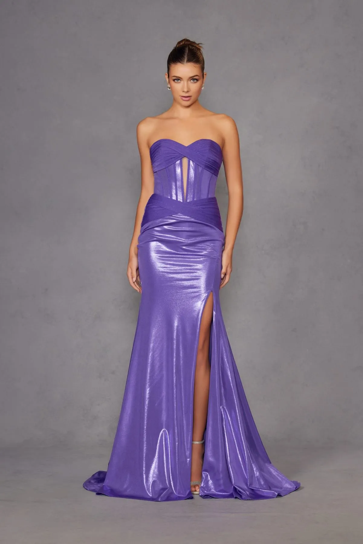Juliet JT2578H Long Sweetheart Strapless Fitted Metallic Prom Gown