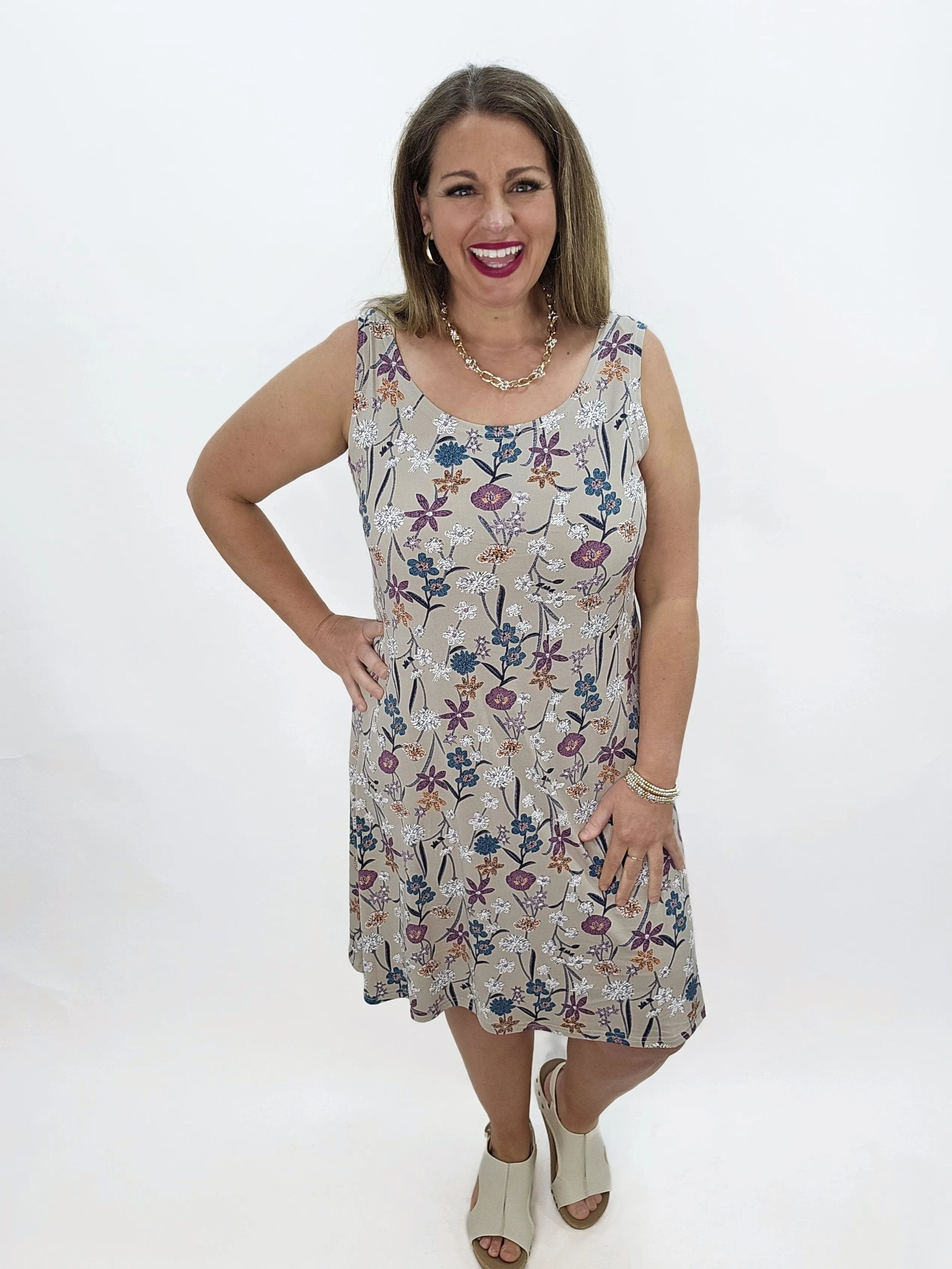 KAREN HART TAUPE FLORAL SLEEVELESS DRESS