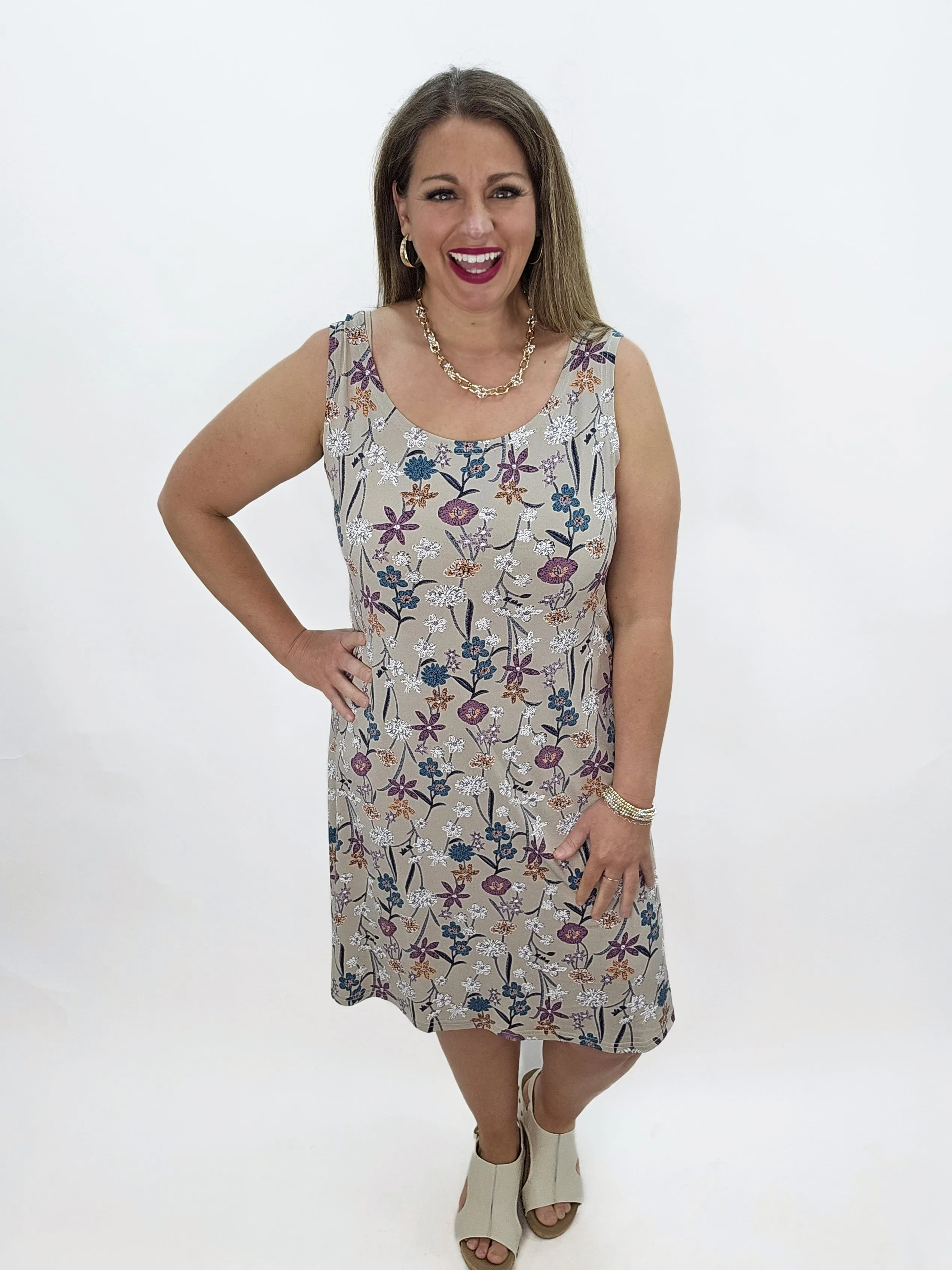 KAREN HART TAUPE FLORAL SLEEVELESS DRESS