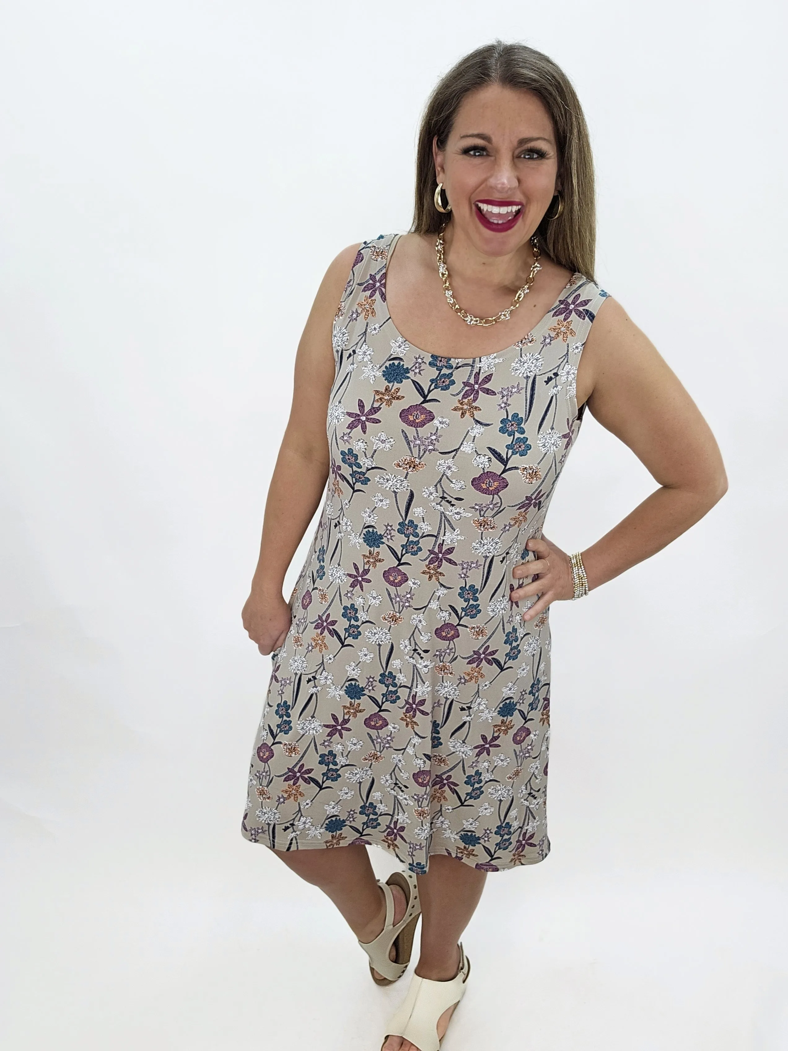 KAREN HART TAUPE FLORAL SLEEVELESS DRESS