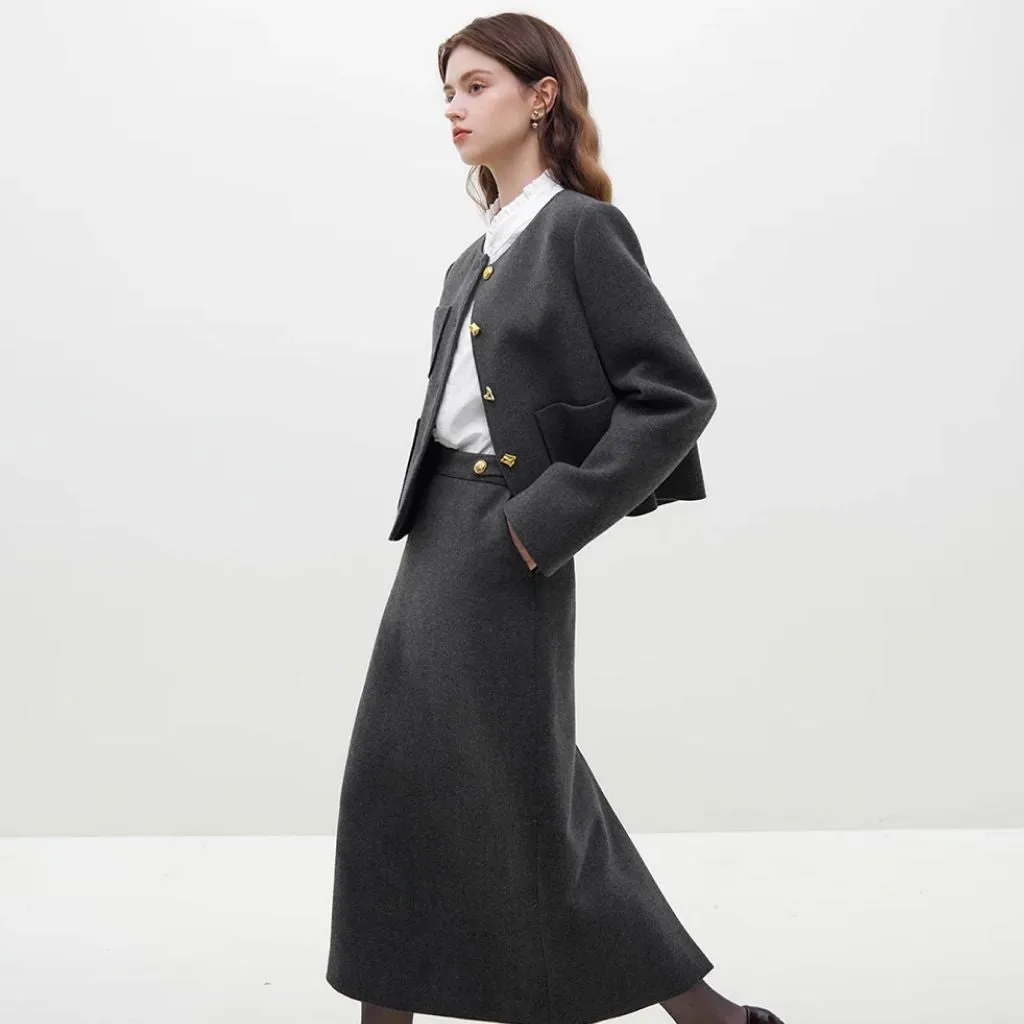 Korean Style Woolen Coat   Skirt Set for Stylish Women