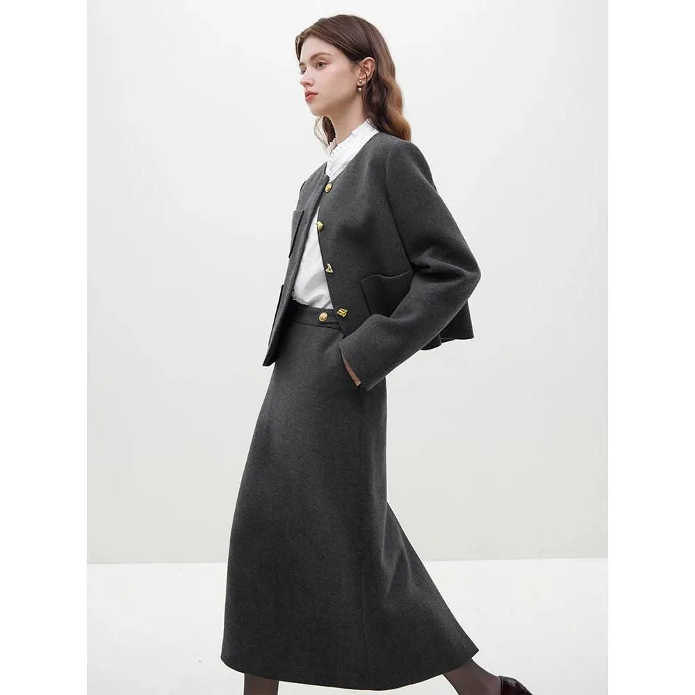 Korean Style Woolen Coat   Skirt Set for Stylish Women