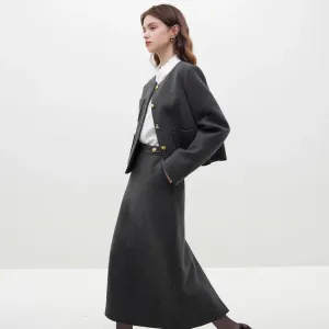 Korean Style Woolen Coat   Skirt Set for Stylish Women
