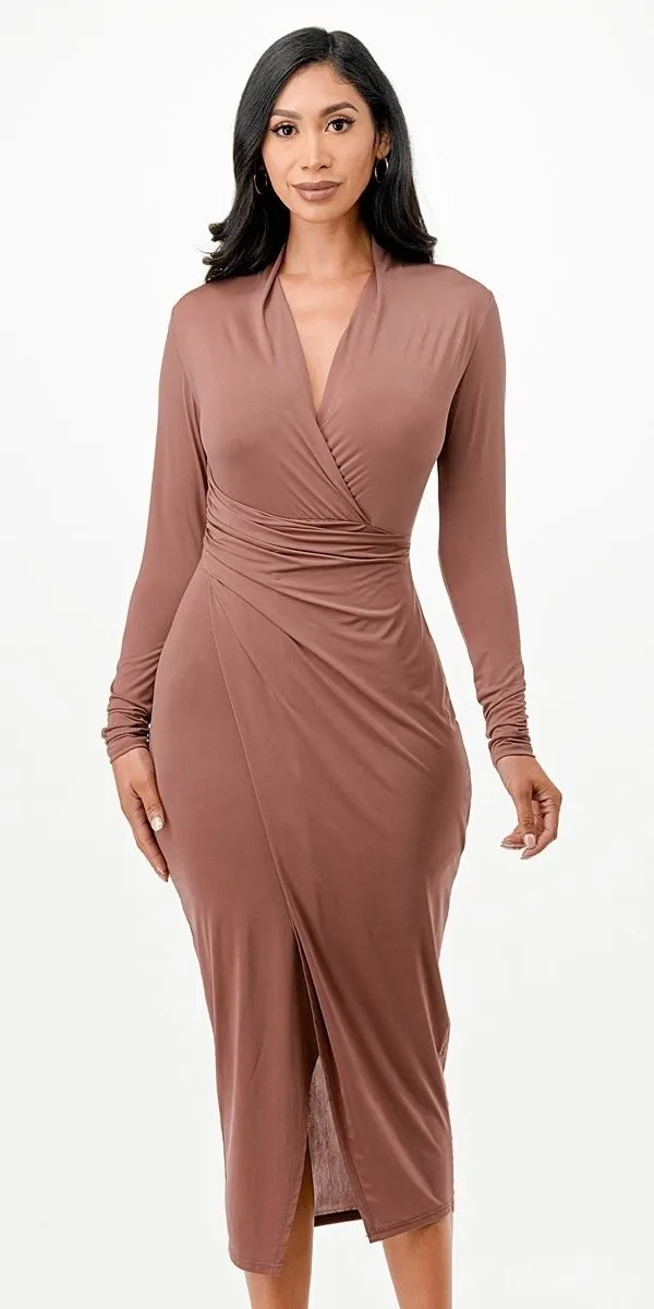 La Scala 26008 Long Sleeve V-Neckline Fitted Midi Dress